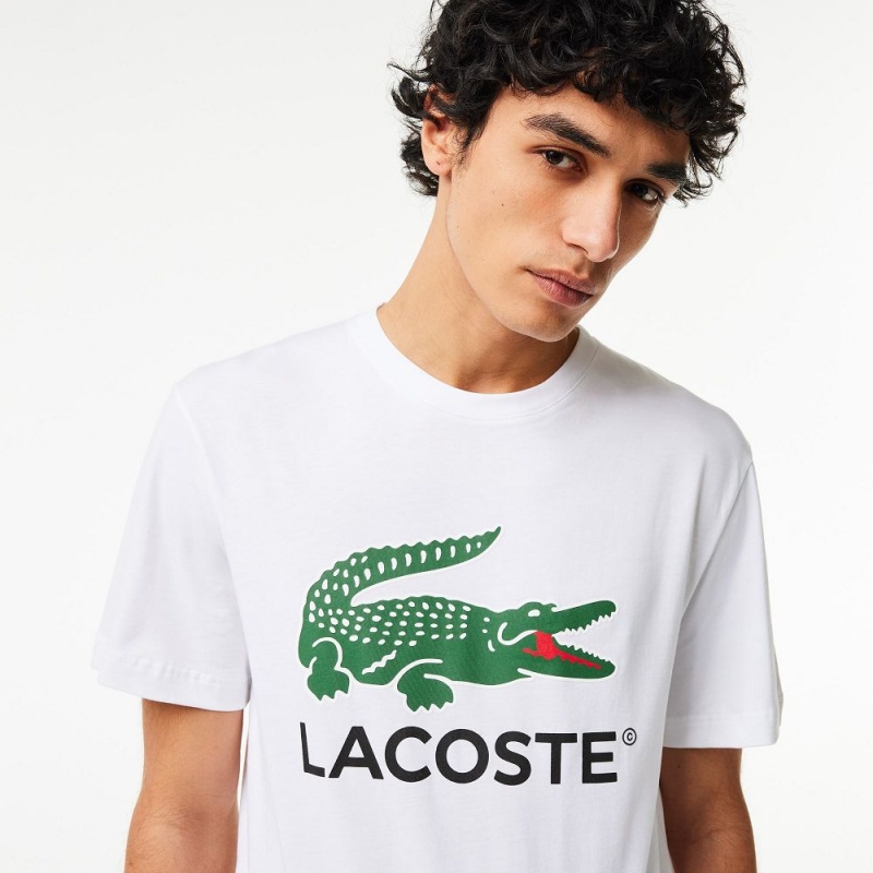 Men's Lacoste Cotton Jersey Signature Print T-Shirt White | TUE125408