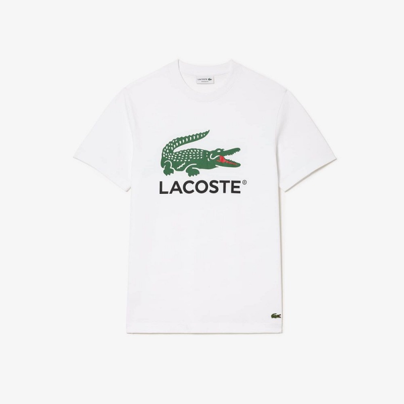 Men's Lacoste Cotton Jersey Signature Print T-Shirt White | TUE125408