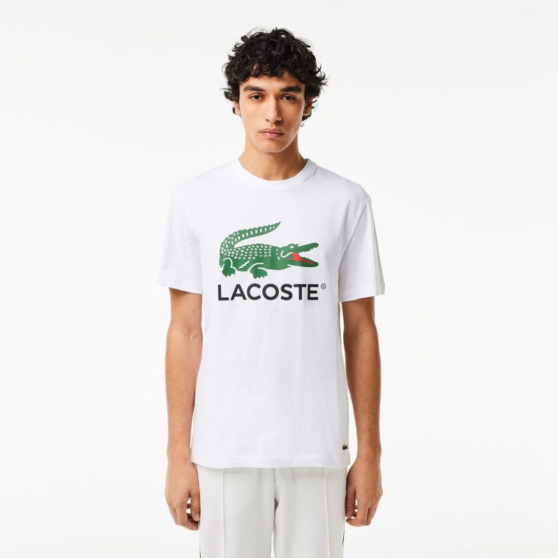 Men\'s Lacoste Cotton Jersey Signature Print T-Shirt White | TUE125408