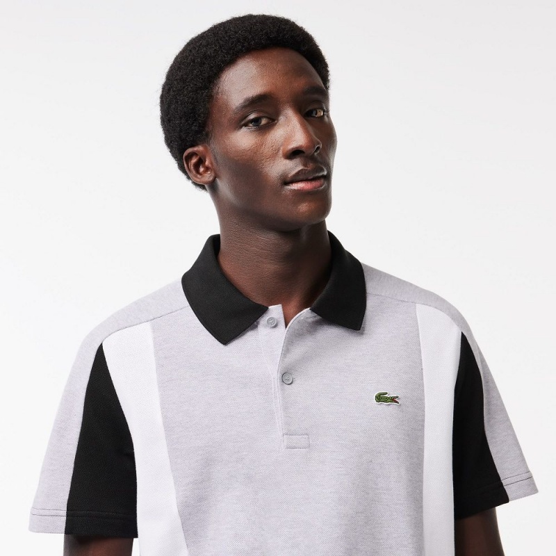 Men's Lacoste Cotton Piqué Colorblock Polo Shirts Grey Chine Black White | ILU023745