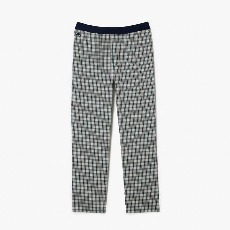 Men's Lacoste Cotton Poplin Check Print Pants Pajamas Green Navy Blue Orange Yellow | QKI302895