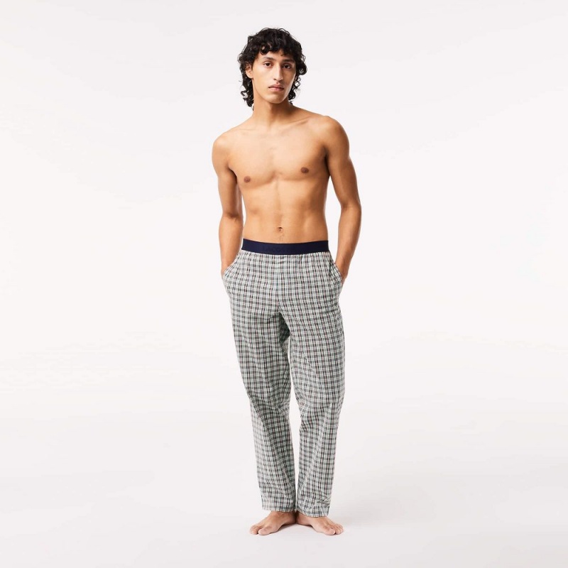 Men\'s Lacoste Cotton Poplin Check Print Pants Pajamas Green Navy Blue Orange Yellow | QKI302895