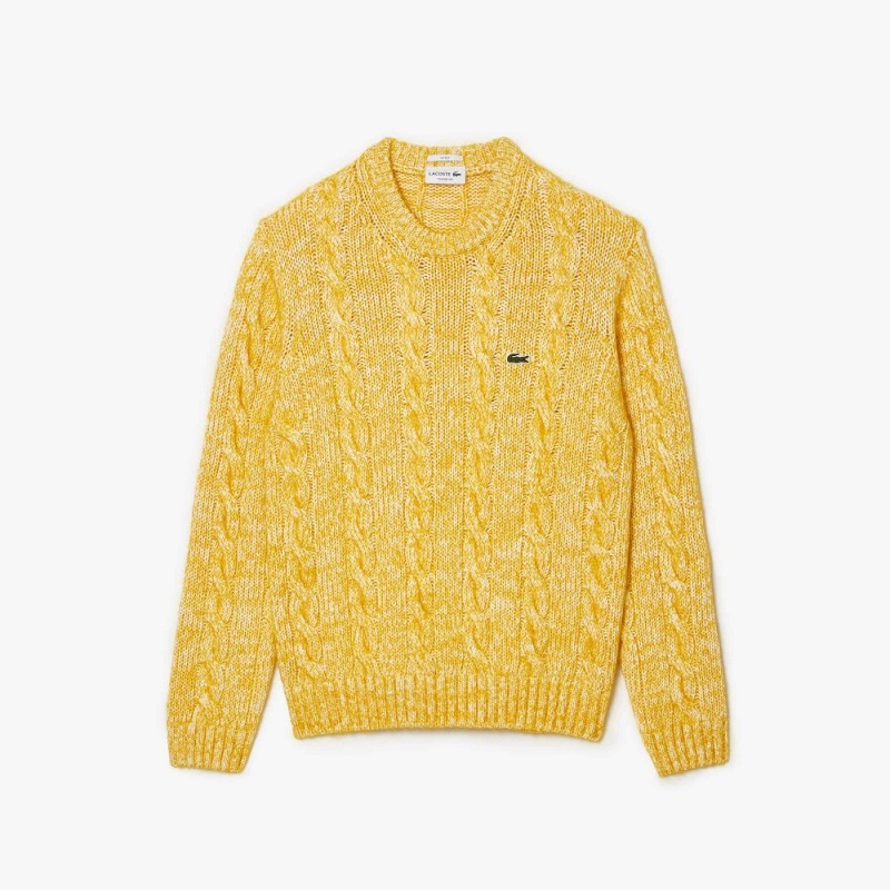 Men's Lacoste Cotton & Mercerized Alpaca Cable Knit Sweater White Yellow | AJD356120