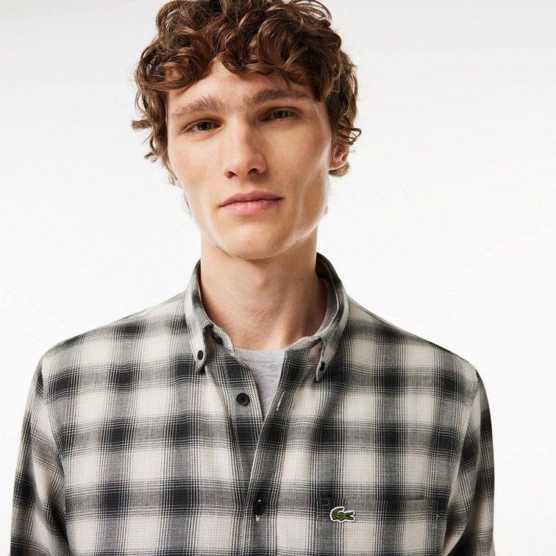 Men's Lacoste Cotton and Wool Blend Checked Flannel Shirt Black White | DKN719456