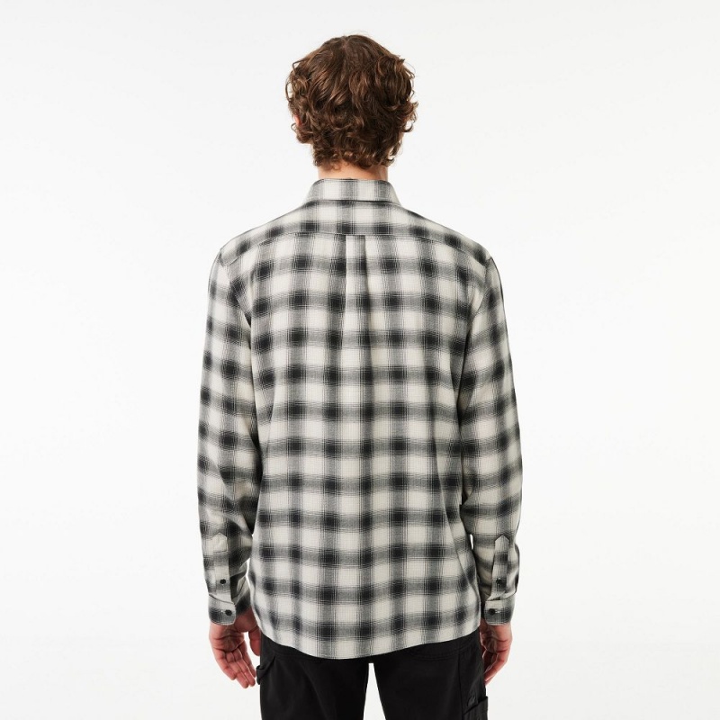 Men's Lacoste Cotton and Wool Blend Checked Flannel Shirt Black White | DKN719456