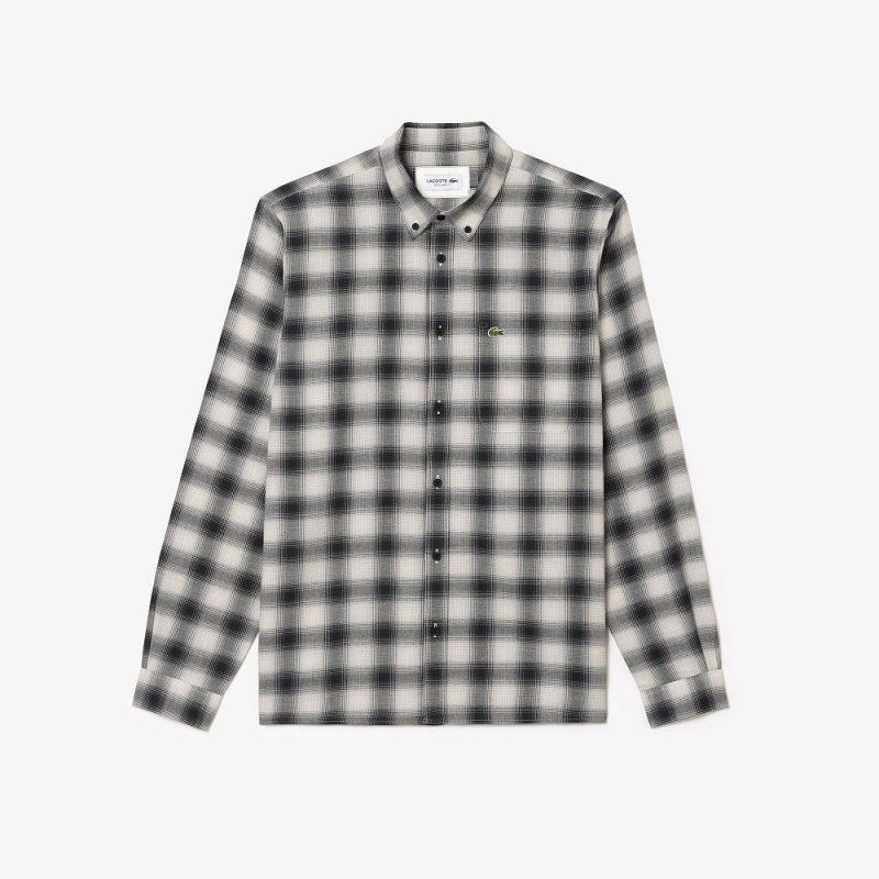 Men's Lacoste Cotton and Wool Blend Checked Flannel Shirt Black White | DKN719456