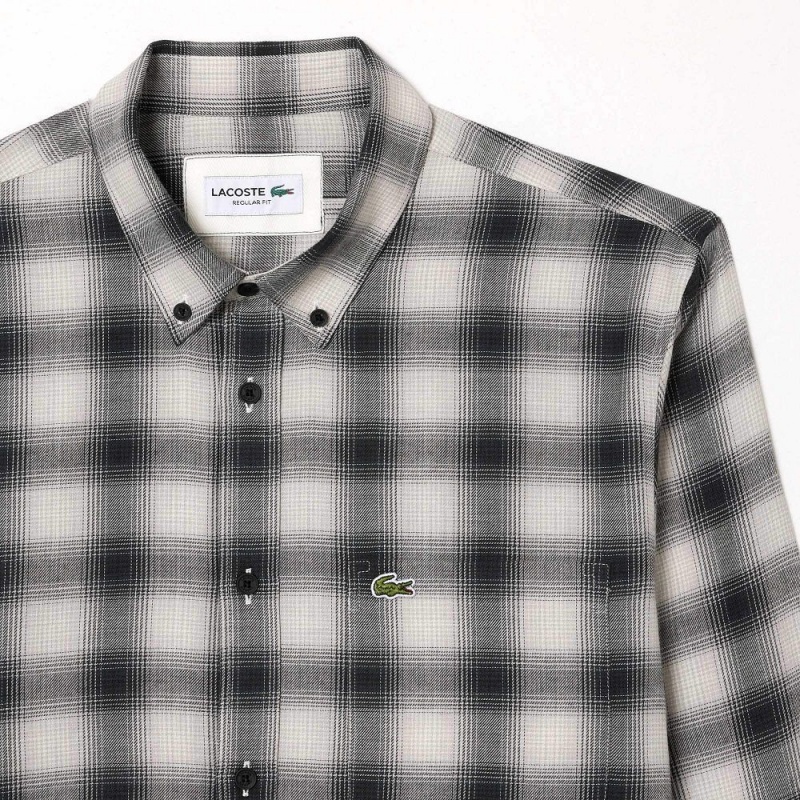 Men's Lacoste Cotton and Wool Blend Checked Flannel Shirt Black White | DKN719456