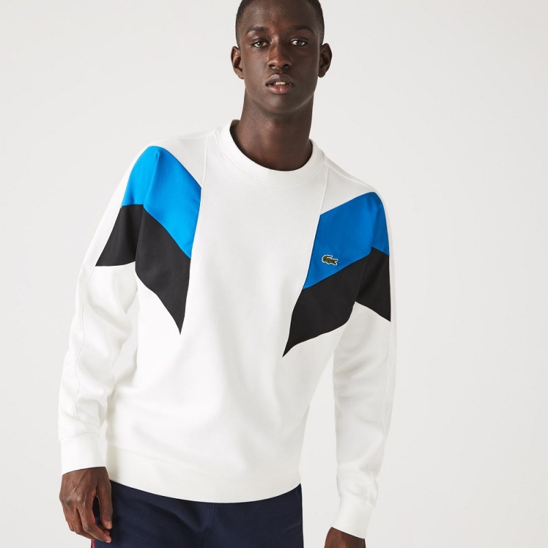 Men's Lacoste Crew Neck Colorblock Cotton Fleece Sweatshirt White Blue Black | GMQ853796