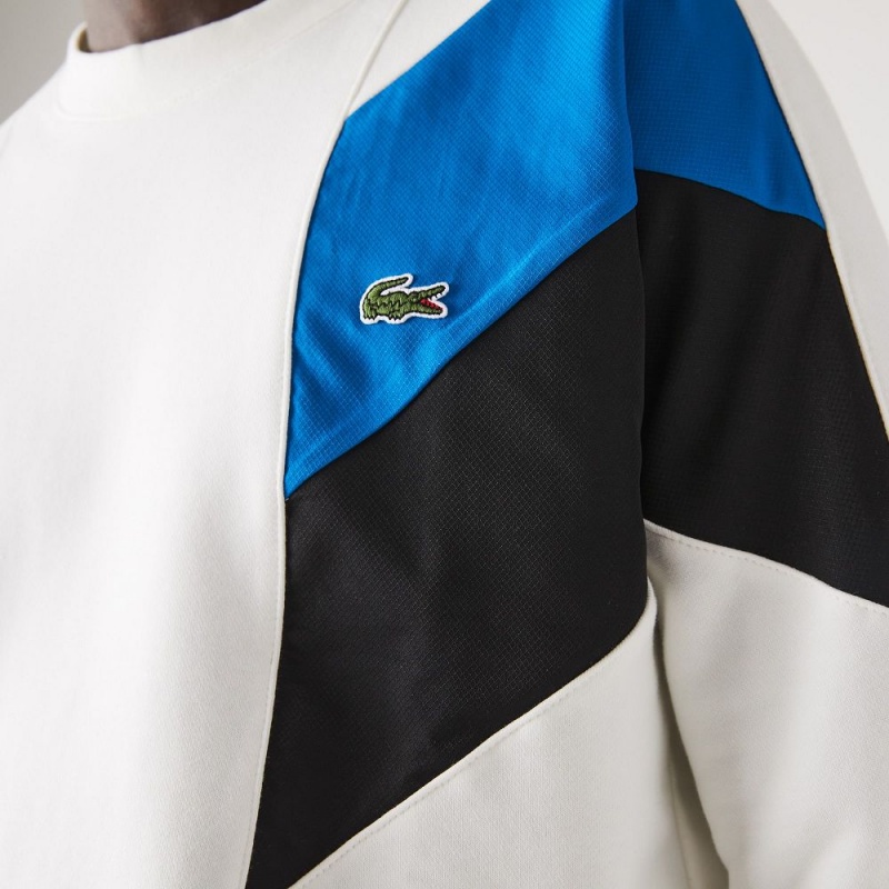 Men's Lacoste Crew Neck Colorblock Cotton Fleece Sweatshirt White Blue Black | GMQ853796