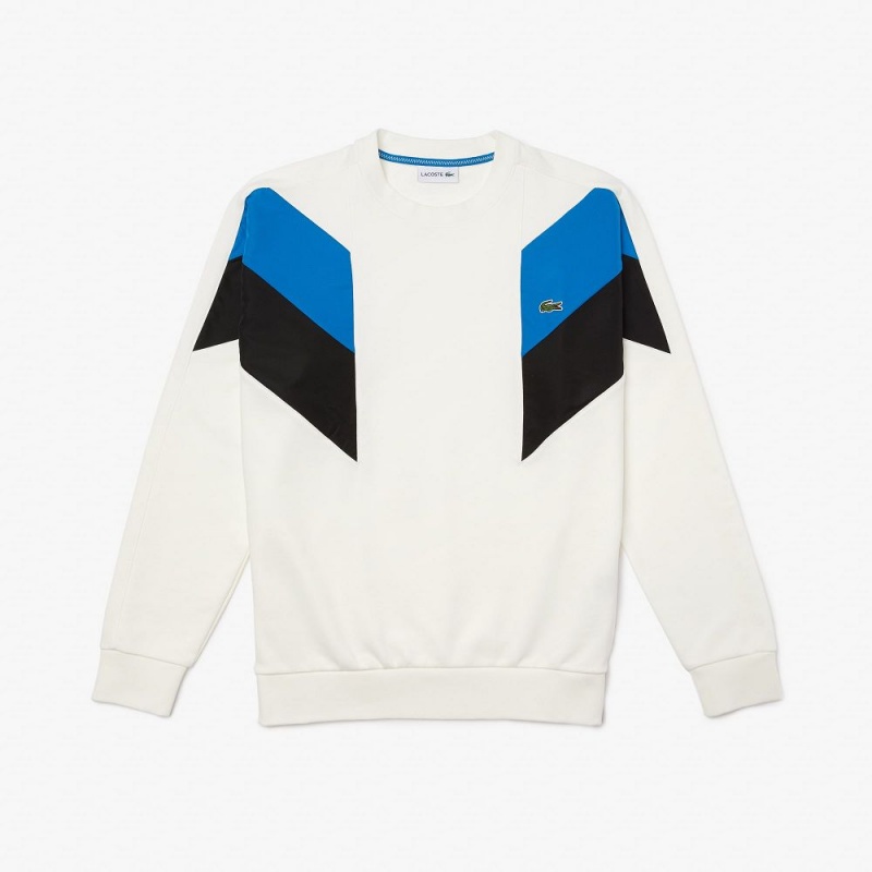 Men's Lacoste Crew Neck Colorblock Cotton Fleece Sweatshirt White Blue Black | GMQ853796