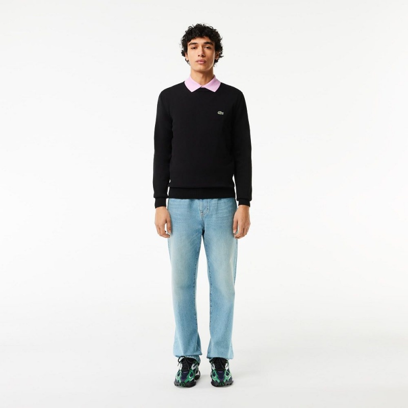 Men's Lacoste Crew Neck Cotton Sweater Black | ASL796105