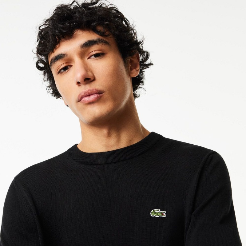 Men's Lacoste Crew Neck Cotton Sweater Black | ASL796105