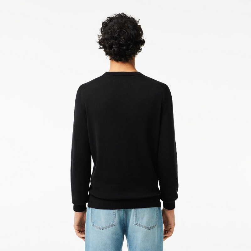 Men's Lacoste Crew Neck Cotton Sweater Black | ASL796105