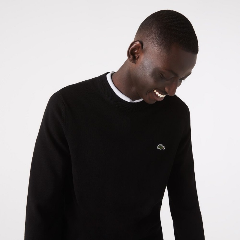 Men's Lacoste Crew Neck Cotton Sweater Black | ASL796105