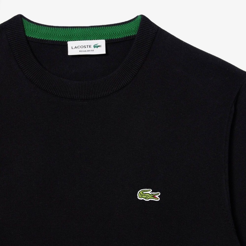 Men's Lacoste Crew Neck Cotton Sweater Black | ASL796105