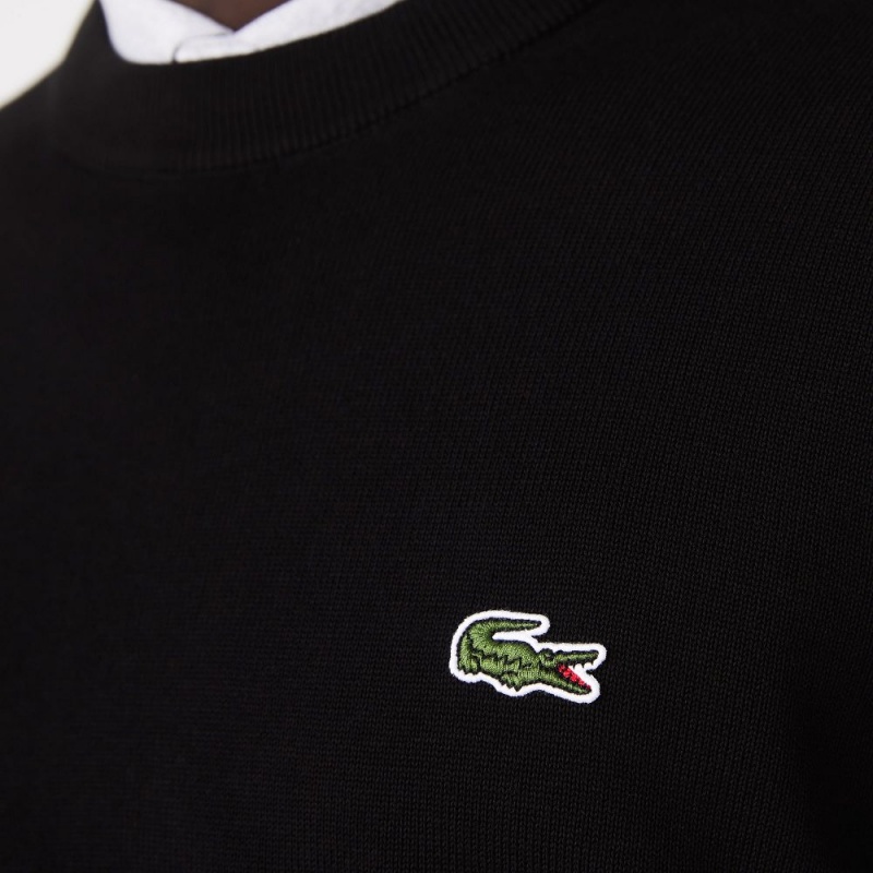 Men's Lacoste Crew Neck Cotton Sweater Black | ASL796105