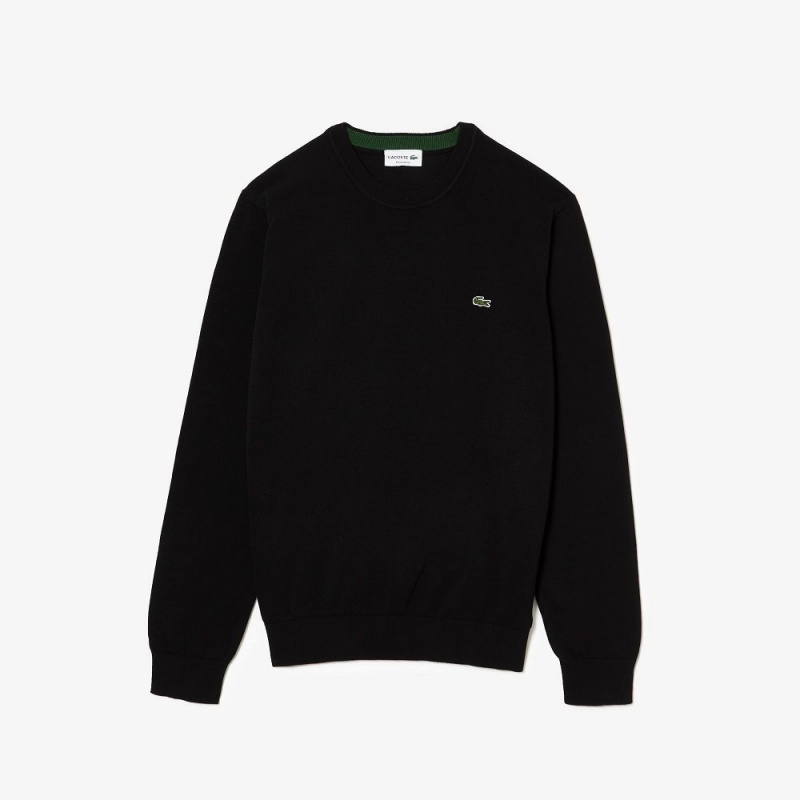 Men's Lacoste Crew Neck Cotton Sweater Black | OJT547639