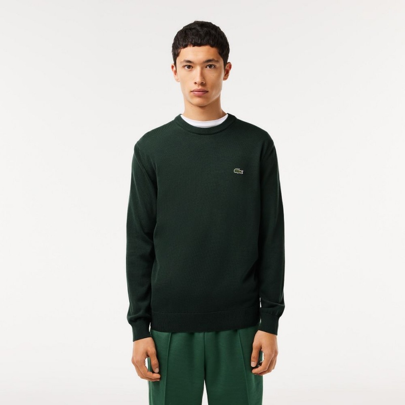 Men\'s Lacoste Crew Neck Cotton Sweater Forest green | SCV234086