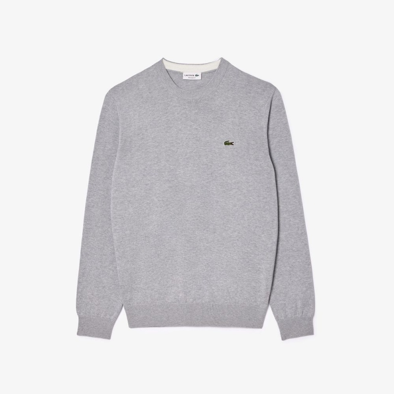 Men's Lacoste Crew Neck Cotton Sweater Grey Chine | GSH780512