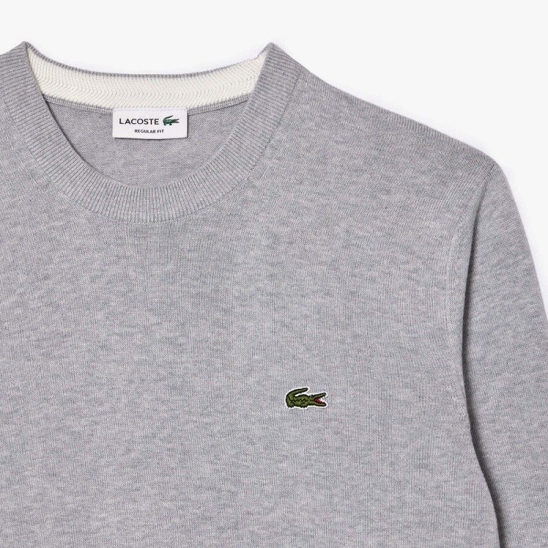 Men's Lacoste Crew Neck Cotton Sweater Grey Chine | GSH780512