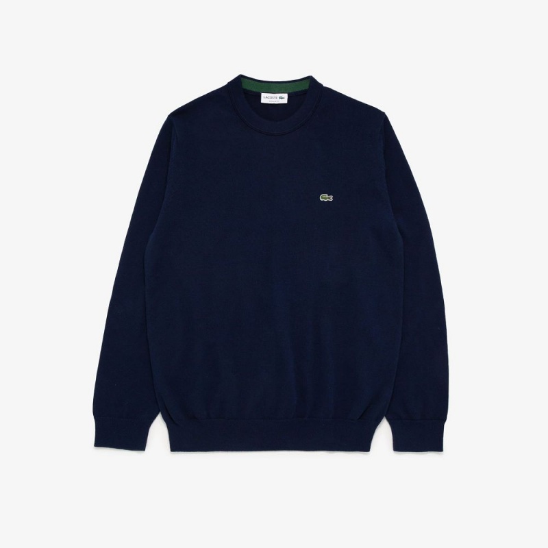 Men\'s Lacoste Crew Neck Cotton Sweater Navy Blue | MPX784265