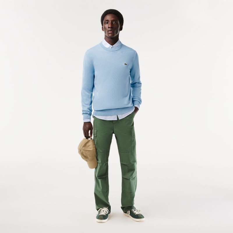 Men's Lacoste Crew Neck Cotton Sweater Pastel blue | UYF964517