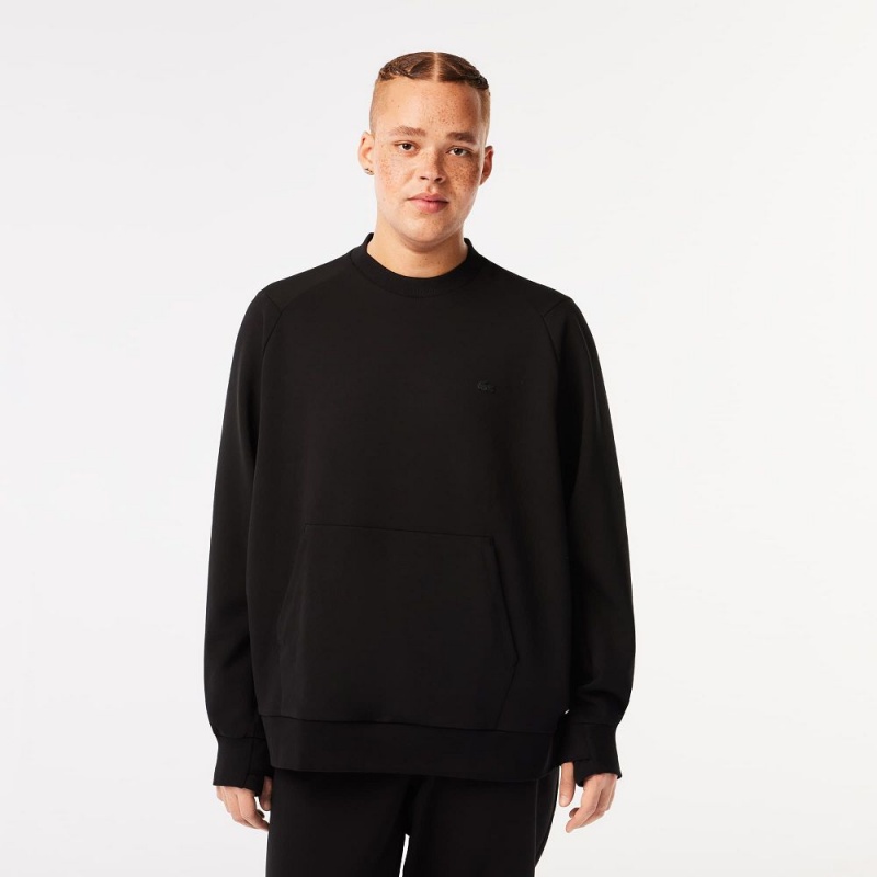 Men's Lacoste Crew Neck Kangaroo Pocket Cotton Blend Sweatshirt Black | NUJ807596