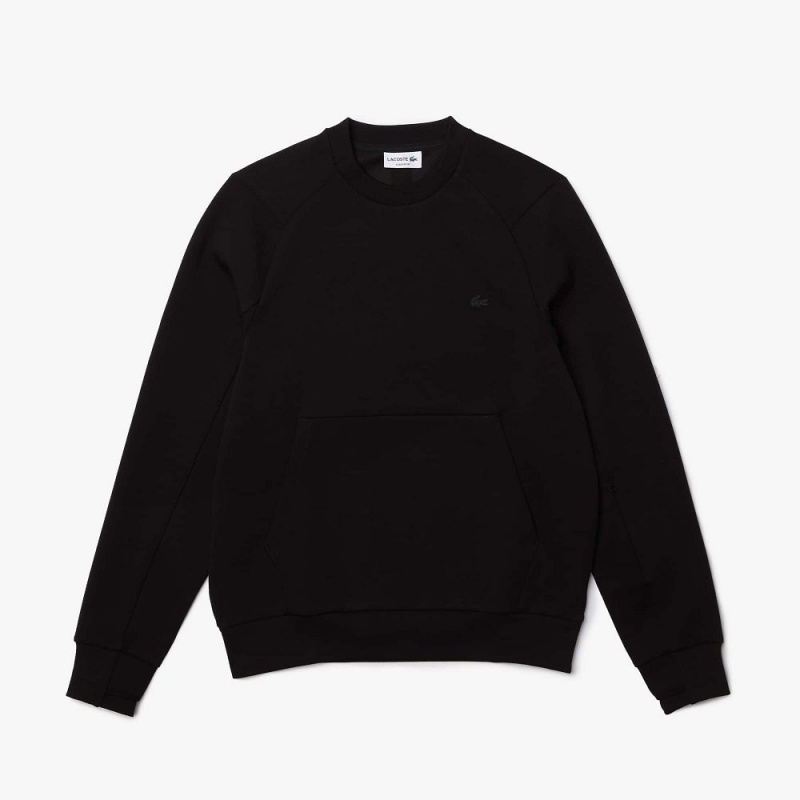 Men's Lacoste Crew Neck Kangaroo Pocket Cotton Blend Sweatshirt Black | NUJ807596