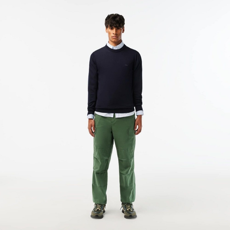 Men's Lacoste Crew Neck Merino Wool Sweater Navy Blue | CTH642530