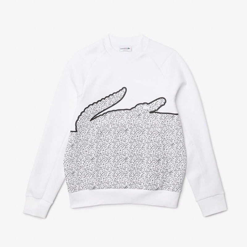 Men's Lacoste Crew Neck Oversized Crocodile Cotton Blend Sweatshirt White | WPK514032