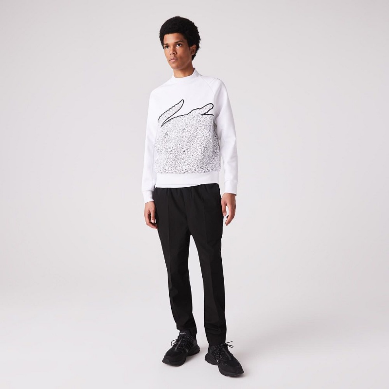 Men\'s Lacoste Crew Neck Oversized Crocodile Cotton Blend Sweatshirt White | WPK514032