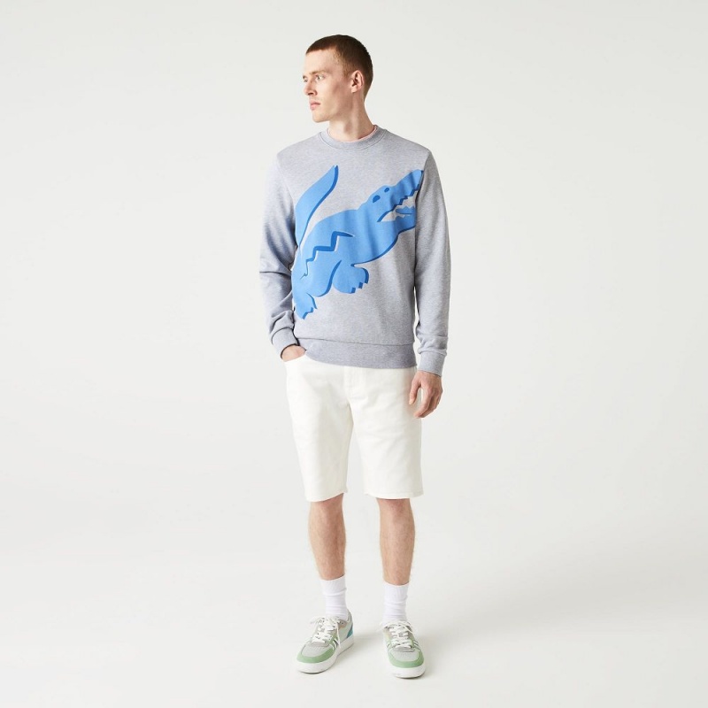 Men's Lacoste Crew Neck Print Organic Cotton Fleece Sweatshirt Grey Chine | VZR985621