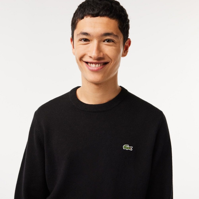 Men's Lacoste Crew Neck Wool Sweater Black | OZD754129