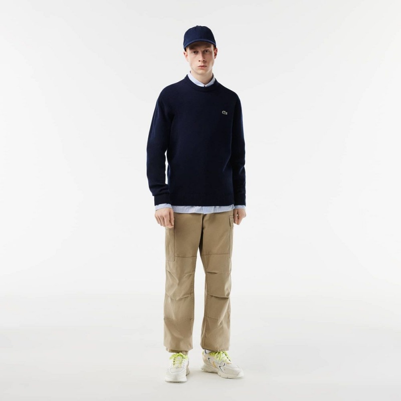 Men's Lacoste Crew Neck Wool Sweater Navy Blue | FDR860753