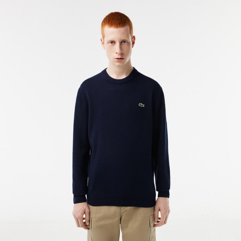 Men\'s Lacoste Crew Neck Wool Sweater Navy Blue | FDR860753