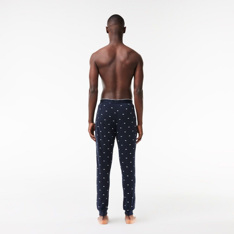 Men's Lacoste Croc Pattern Stretch Cotton Pants Pajamas Navy Blue White | JCR521487