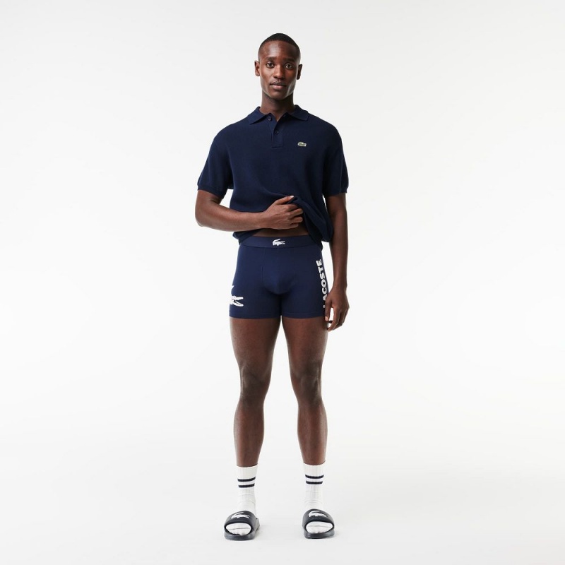 Men's Lacoste Croc Waist Stretch Cotton 3-Pack Boxer Briefs Navy Blue White Grey Chine Navy Blue | XGD716384