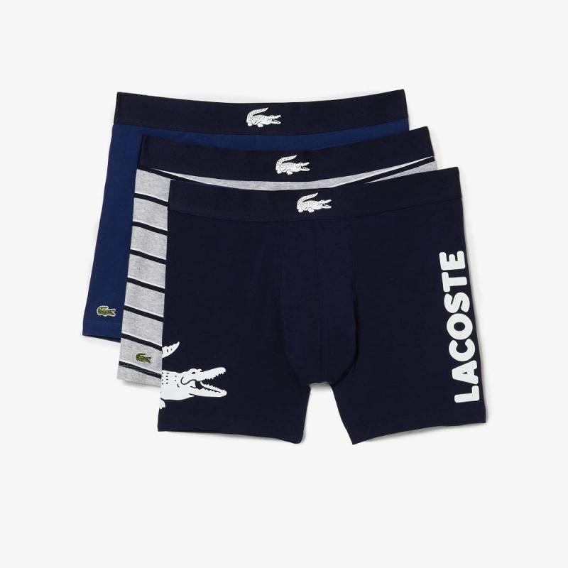 Men's Lacoste Croc Waist Stretch Cotton 3-Pack Boxer Briefs Navy Blue White Grey Chine Navy Blue | XGD716384