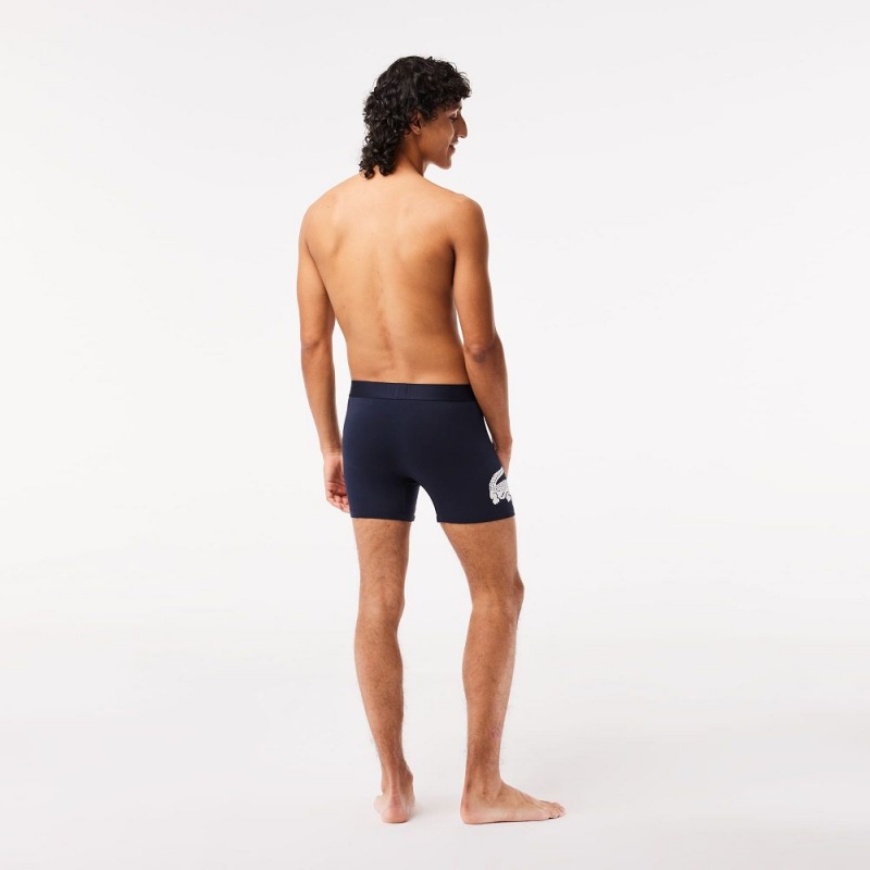 Men's Lacoste Croc Waist Stretch Cotton 3-Pack Boxer Briefs Navy Blue White Grey Chine Navy Blue | XGD716384