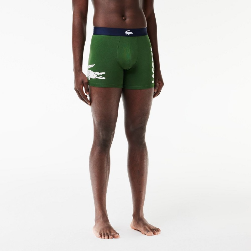 Men's Lacoste Croc Waist Stretch Cotton 3-Pack Boxer Briefs Green Navy Blue White | LBX378924