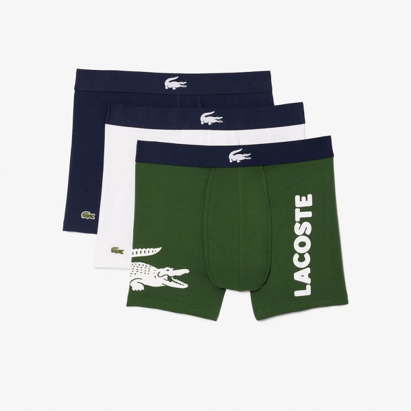 Men's Lacoste Croc Waist Stretch Cotton 3-Pack Boxer Briefs Green Navy Blue White | LBX378924