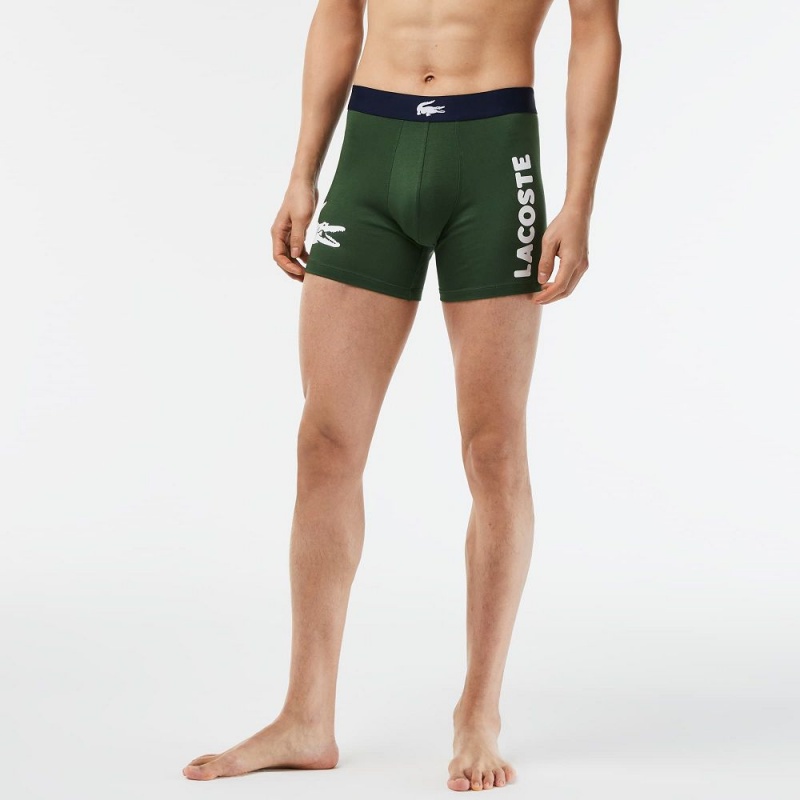 Men's Lacoste Croc Waist Stretch Cotton 3-Pack Boxer Briefs Green Navy Blue White | LBX378924