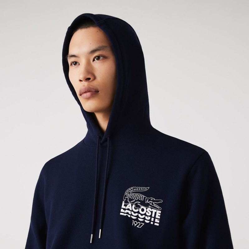 Men's Lacoste Crocodile Branding Cotton Fleece Hoodie Navy Blue | FET837164