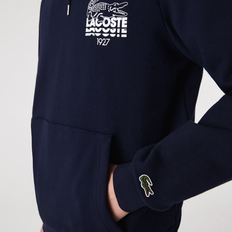 Men's Lacoste Crocodile Branding Cotton Fleece Hoodie Navy Blue | FET837164