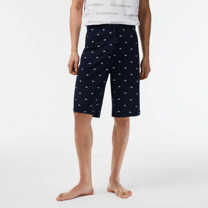 Men's Lacoste Crocodile Print Cotton Jersey Shorts Pajamas Navy Blue White | THJ752643