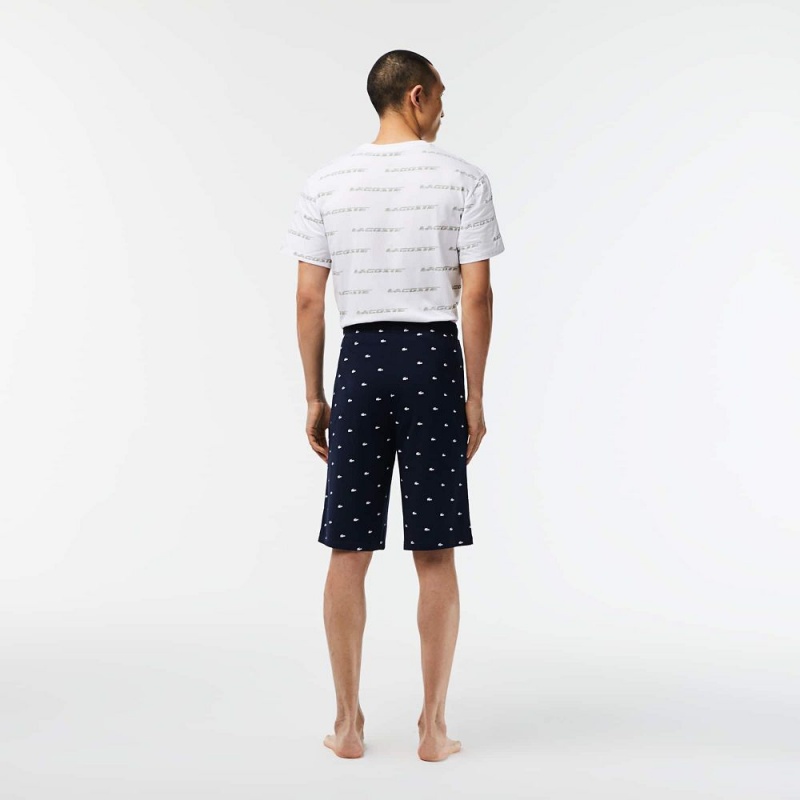 Men's Lacoste Crocodile Print Cotton Jersey Shorts Pajamas Navy Blue White | THJ752643