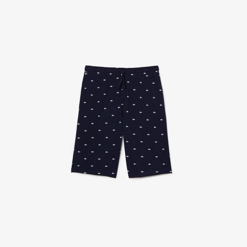 Men's Lacoste Crocodile Print Cotton Jersey Shorts Pajamas Navy Blue White | THJ752643