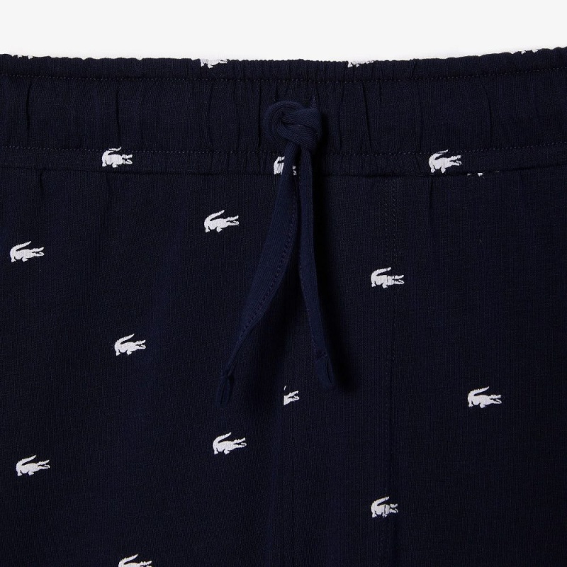 Men's Lacoste Crocodile Print Cotton Jersey Shorts Pajamas Navy Blue White | THJ752643