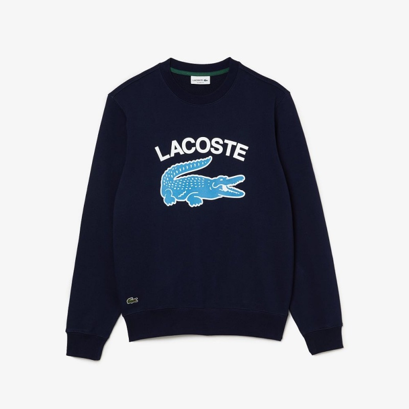 Men's Lacoste Crocodile Print Crew Neck Sweatshirt Navy Blue | RLC528076