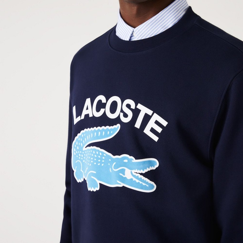 Men's Lacoste Crocodile Print Crew Neck Sweatshirt Navy Blue | RLC528076